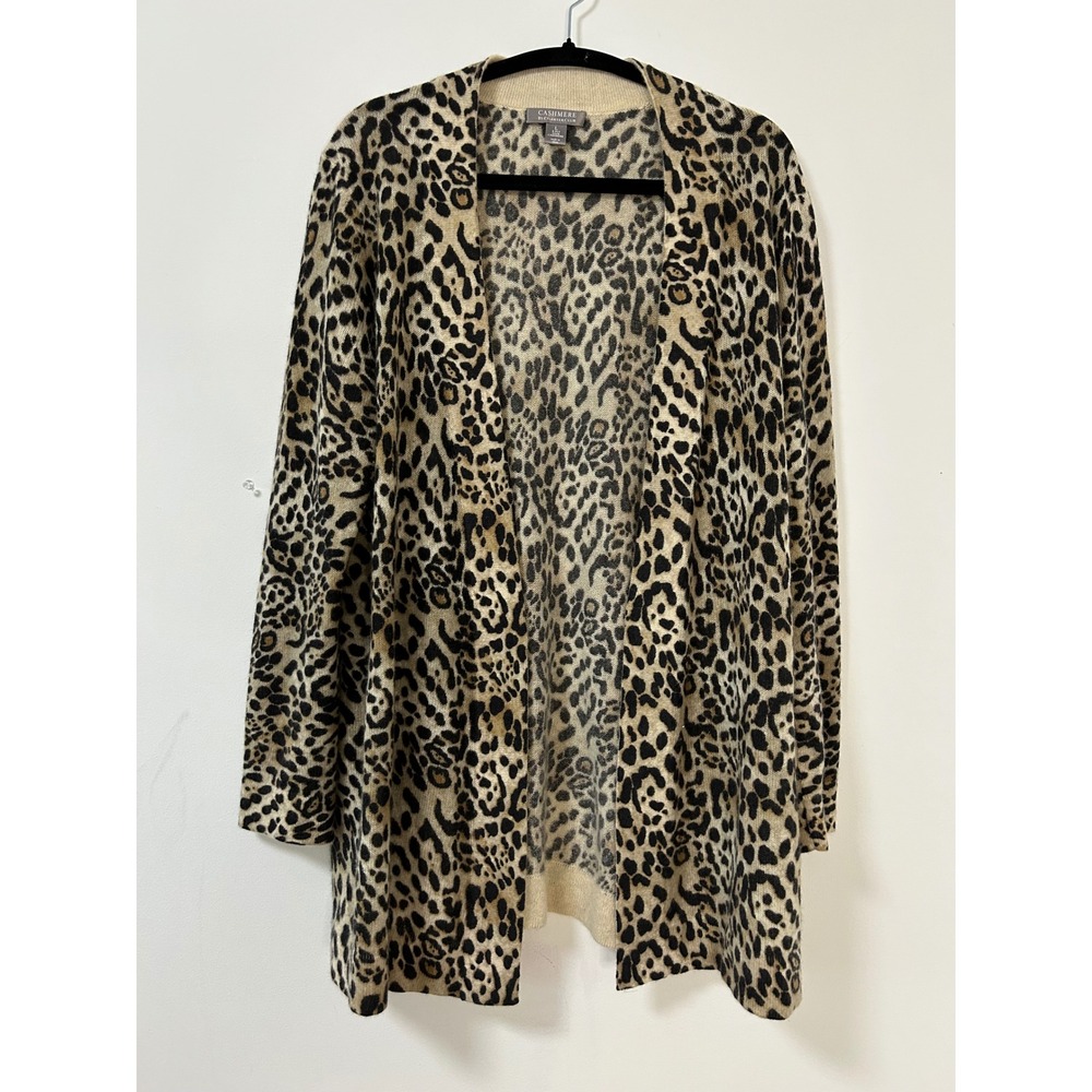 Charter Club Cashmere Open Long Cardigan Women Large Tan Leopard Print Mob Wife